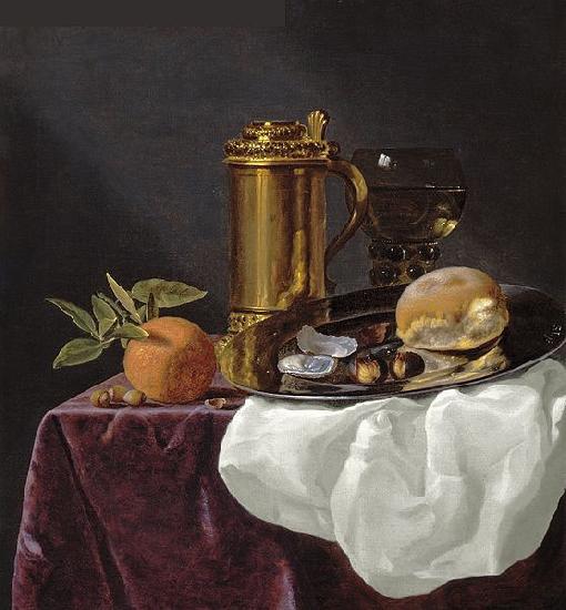 simon luttichuys Tankard with Oysters, Bread and an Orange resting on a Draped Ledge oil painting image